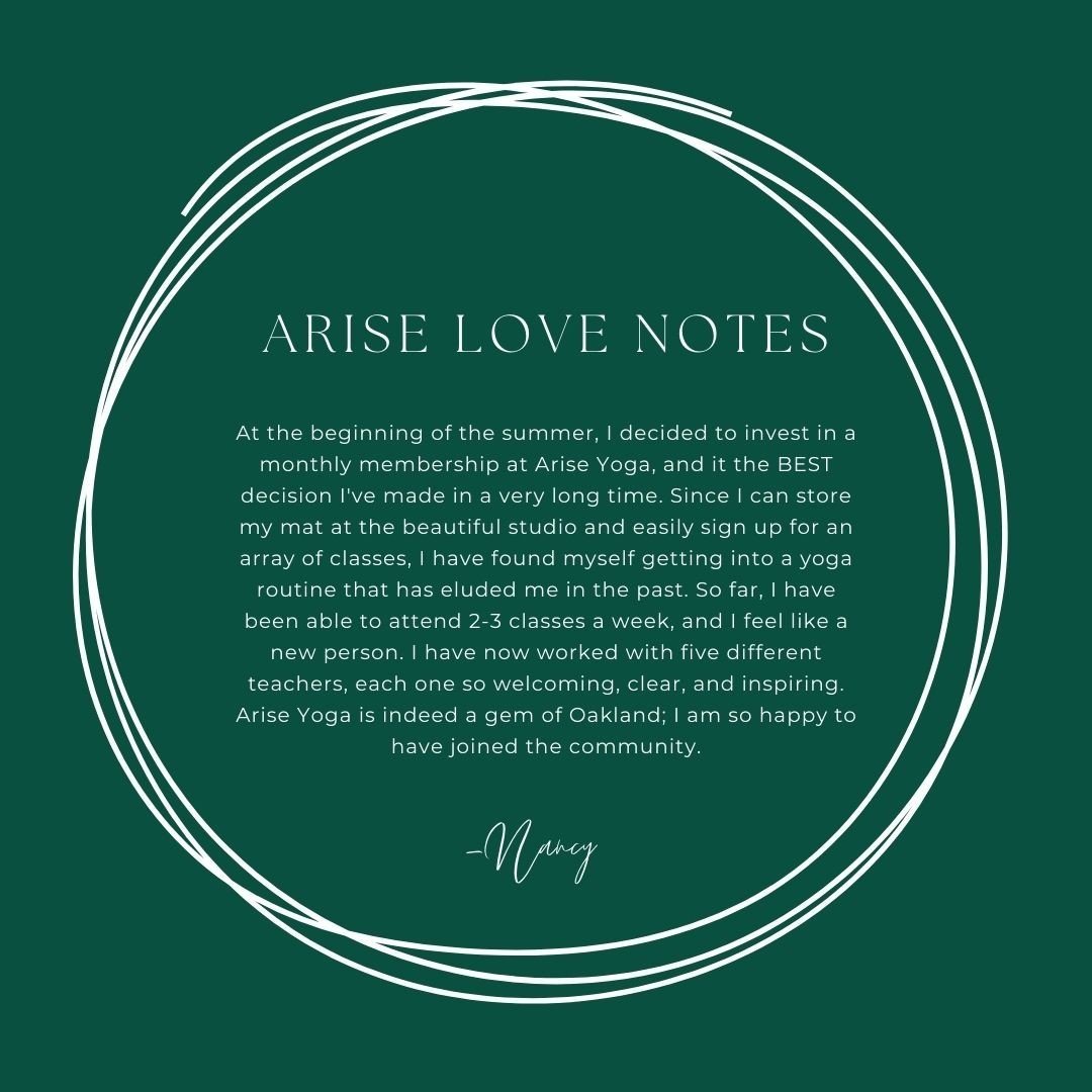 Arise Love Notes ⁠
&ldquo;At the beginning of the summer, I decided to invest in a monthly membership at Arise Yoga, and it the BEST decision I've made in a very long time. Since I can store my mat at the beautiful studio and easily sign up for an ar