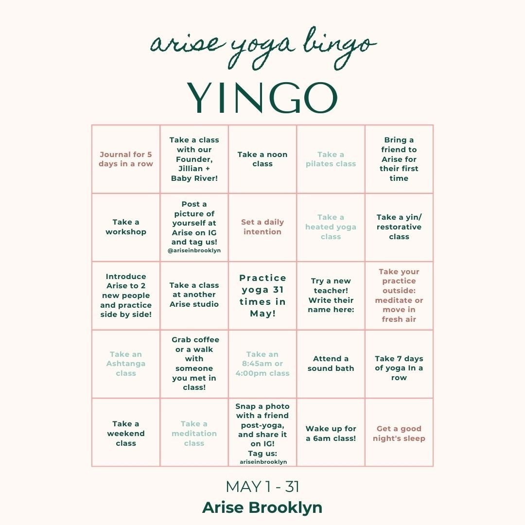 T&rsquo;S YINGO time!⁠
Our May Yoga Bingo Challenge is here! Pick up a card at the front desk and fill it out as much as you can through the month of May! ⁠
⁠
HOW TO PLAY⁠
pick up a card at the front desk - thought he month of May try to fill out as 