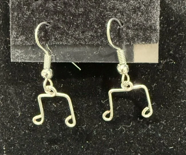 902-26;Earring;’AgSmDoubleBeamedEigthNotes’;HandCraftedFeeFormDesignInAuRoundWire;EarhooksAreAuWithBallAndSpring.(1 of 6)[CanBeSpecialOrderedMadeInAu&BrightCuWire]