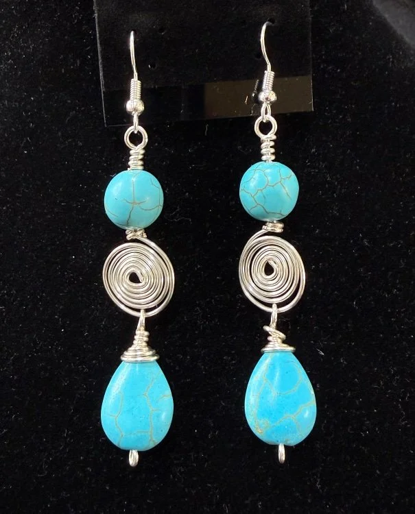 798-26;Earrings;’AgSpiralWithTurquoiseLikeRound&DiskShapedStones’UniqueHandCraftedFreeFormAgRoundWireShapedIntoClosedSpiralWithRoundTurquoiseLikeStoneAndADiskShapedStoneDongle;EarHooksAreAgWithAgBallAndSpring.(1 of 1)