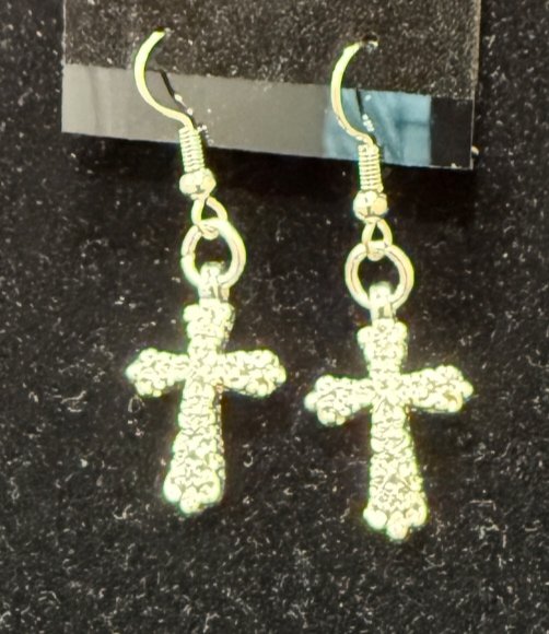 825-26;Earrings;’AgTinyGlitzyTexturedFancyCross’;UniqueSuspendedTinyGlitzyTexturedCharm;EarHooksAreAgWithAgBallAndSpring.(1 of 1)