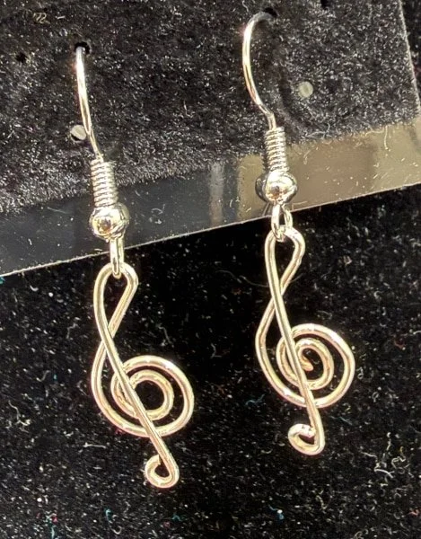 917-26;Earring;’AgMiniTrebleClef’;JonMichelleOriginalDesign;HandCraftedFreeFormAgRoundWireMiniTrebleClef;EarHookAreAgWithBallAndSpring.(2 of 6)