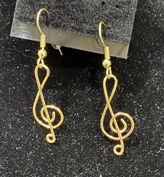 Earring;’AuSmMusicalTrebleClef’;HandCraftedFreeFormDesignInAuRoundWire;EarhooksAreAuWitheBallAndSpring.(4 of 5)[CanBeSpecialOrderedMadeInAg&BrightCuWire]