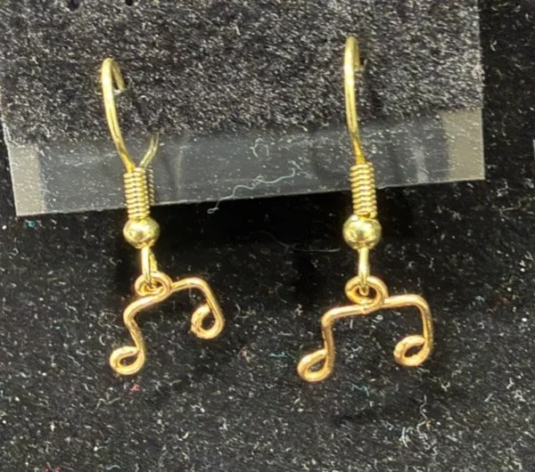 864-26;Earring;’AuSmDoubleBeamedEigthNotes’;HandCraftedFeeFormDesignInAuRoundWire;EarhooksAreAuWithBallAndSpring.(4 of 7)[CanBeSpecialOrderedMadeInAg&BrightCuWire]