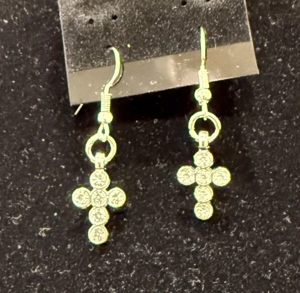 826-26;Earrings;’AgStackedClearCrystalCross’;AgUniqueSimpleStackedClearCrystalCrossCharm;EarHooksAreAgWithAgBallAndSpring.(1 of 1)