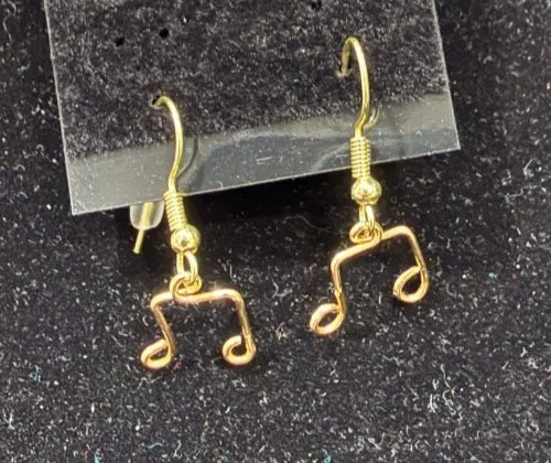 865-26;Earring;’AuSmDoubleBeamedEigthNotes’;HandCraftedFeeFormDesignInAuRoundWire;EarhooksAreAuWithBallAndSpring.(5of 7)[CanBeSpecialOrderedMadeInAg&BrightCuWire]