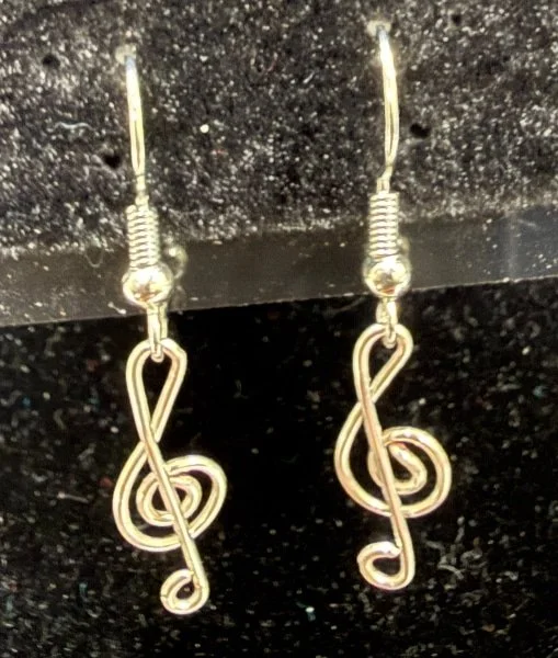 919-26;Earring;’AgMiniTrebleClef’;JonMichelleOriginalDesign;HandCraftedFreeFormAgRoundWireMiniTrebleClef;EarHookAreAgWithBallAndSpring.(4 of 6)