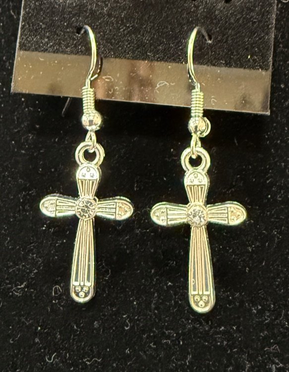 824-26;Earrings;’AgRoundedConventionalTexturedCrossWIthCentralClearCrystal’;UniqueAgSuspendedRoundedConventionalTexturedCrossWithCentralClearCrystalCharm;EarHooksAreAgWithAgBallAndSpring.(1 of 1)