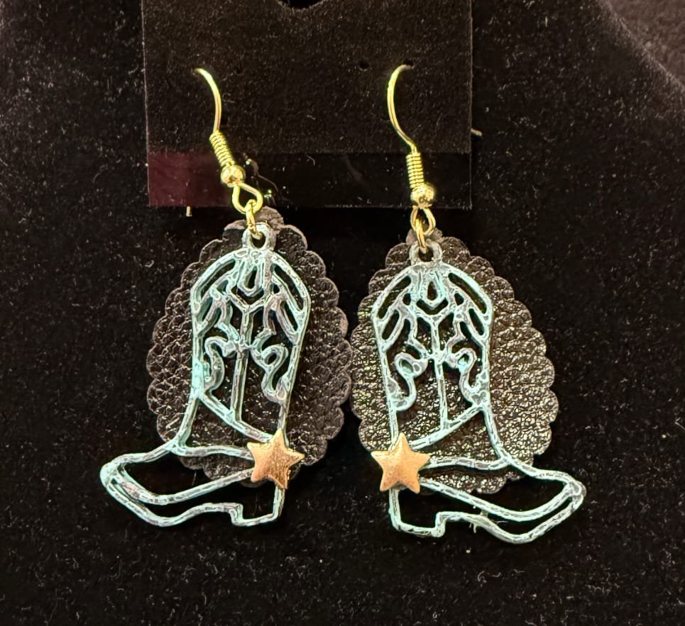 791-26;Earrings;’PatenaedCuBootsOnLeather’;AnOriginalJonMichelleDesign;UniquePatenaedCuBootCharmsWithGoldStarsOnTeardropOfBlackLeather;EarHooksAreAgWithBall&Spring.(1 of 1)