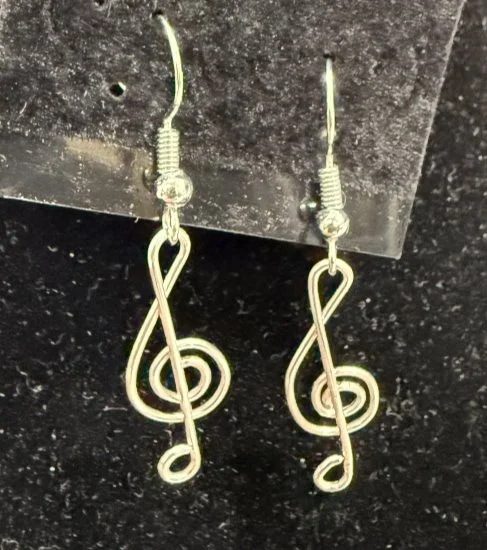 916-26;Earring;’AgMiniTrebleClef’;JonMichelleOriginalDesign;HandCraftedFreeFormAgRoundWireMiniTrebleClef;EarHookAreAgWithBallAndSpring.(1 of 6)