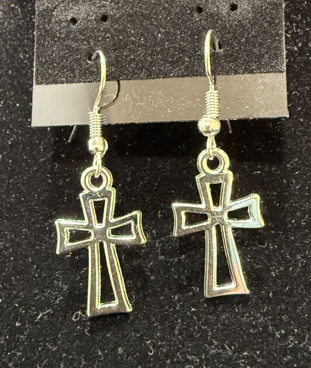 823-26;Earings;’AgOpenCelticCrossCharmEarrings’;UniqueAgOpenSuspendedCelticCross;EarHooksAreAgWithAgBallAndSpring.(1 of 1)