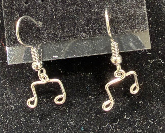 903-26;Earring;’AgSmDoubleBeamedEigthNotes’;HandCraftedFeeFormDesignInAuRoundWire;EarhooksAreAuWithBallAndSpring.(2 of 6)[CanBeSpecialOrderedMadeInAu&BrightCuWire]