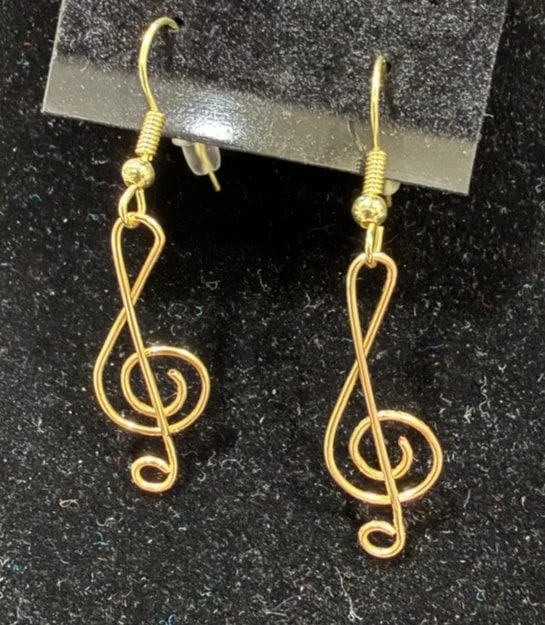 855-26;Earring;’AuSmMusicalTrebleClef’;HandCraftedFreeFormDesignInAuRoundWire;EarhooksAreAuWitheBallAndSpring.(1 of 5)[CanBeSpecialOrderedMadeInAg&BrightCuWire]