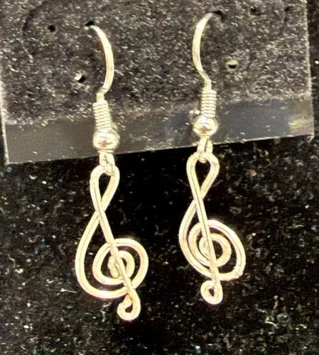 918-26;Earring;’AgMiniTrebleClef’;JonMichelleOriginalDesign;HandCraftedFreeFormAgRoundWireMiniTrebleClef;EarHookAreAgWithBallAndSpring.(3 of 6)