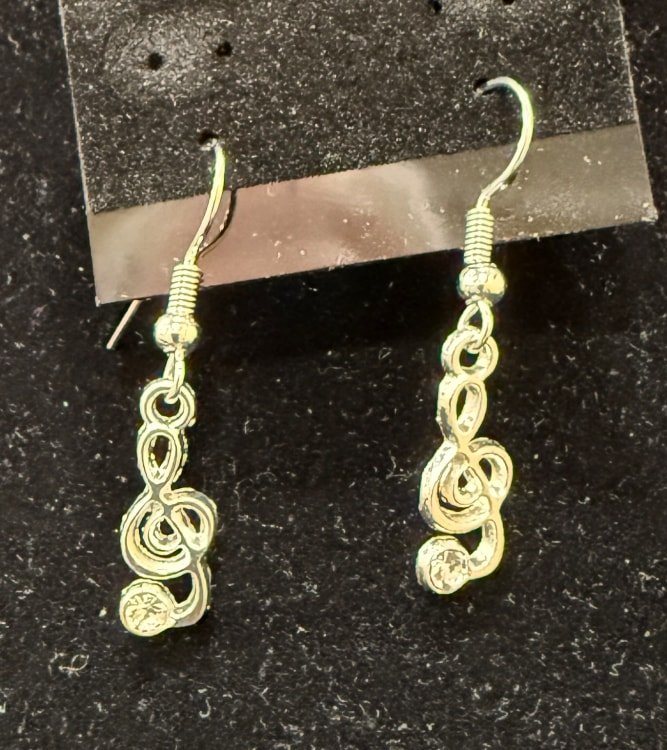 827-26;Earrings;AgWhimsicalMusicalStaffWithClearCrystal’;AgUniqueMusicalCleffEndingWithClearCrystal;EarHooksAreAgWithAgBallAndSpring.(1 of 1)