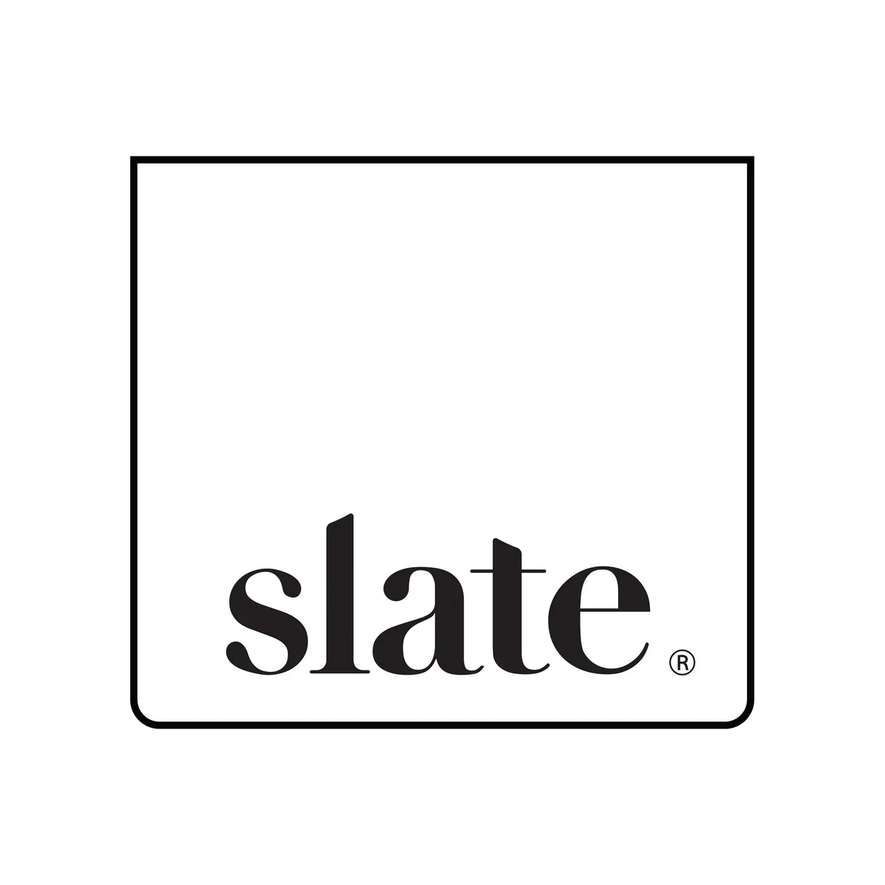 Slate magazine logo with a black background and white square, featuring the word 'slate' in lowercase black letters.