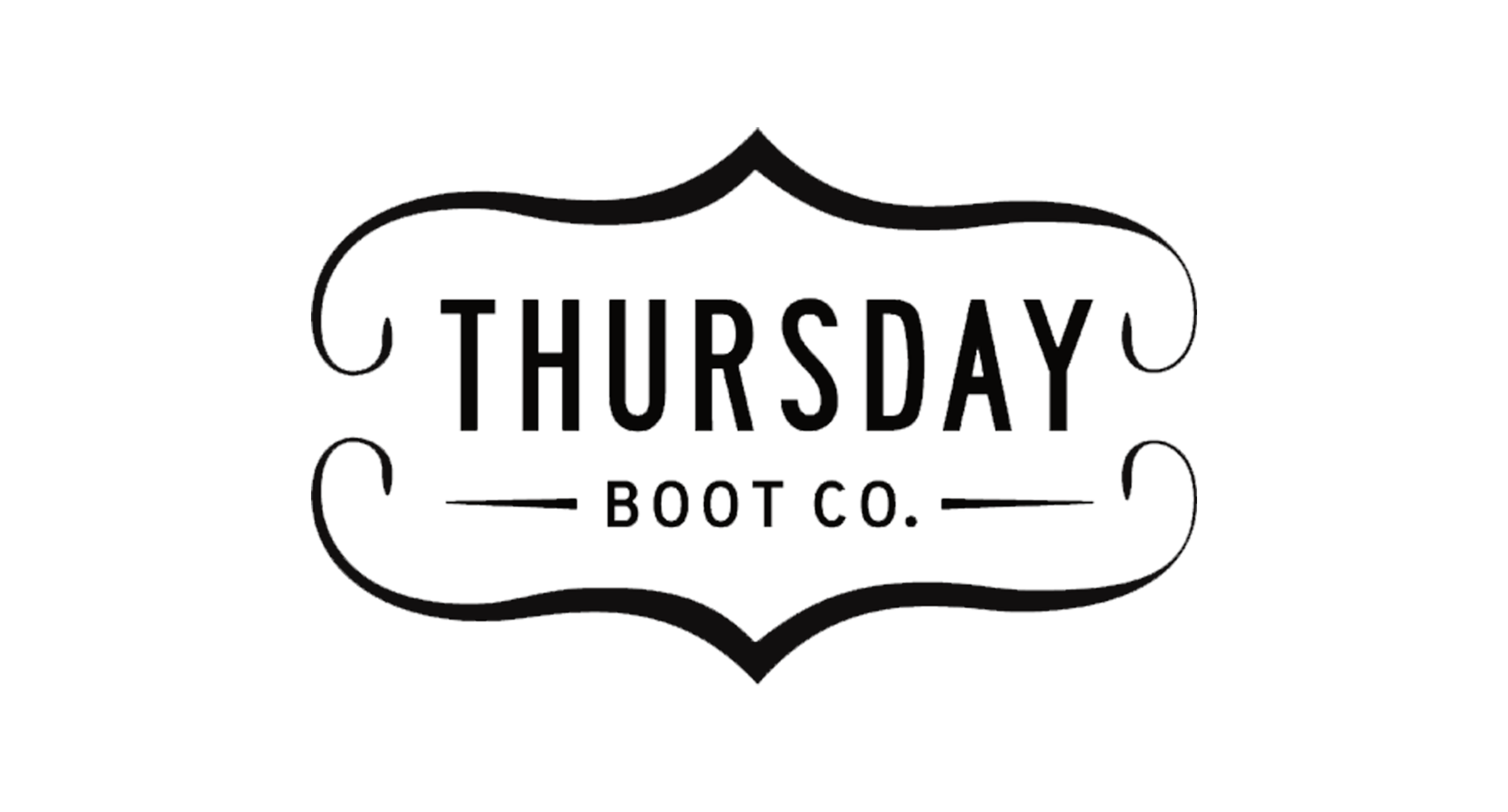 Stylized sign reading 'Thursday Boot Co.' in black text with a decorative border design.