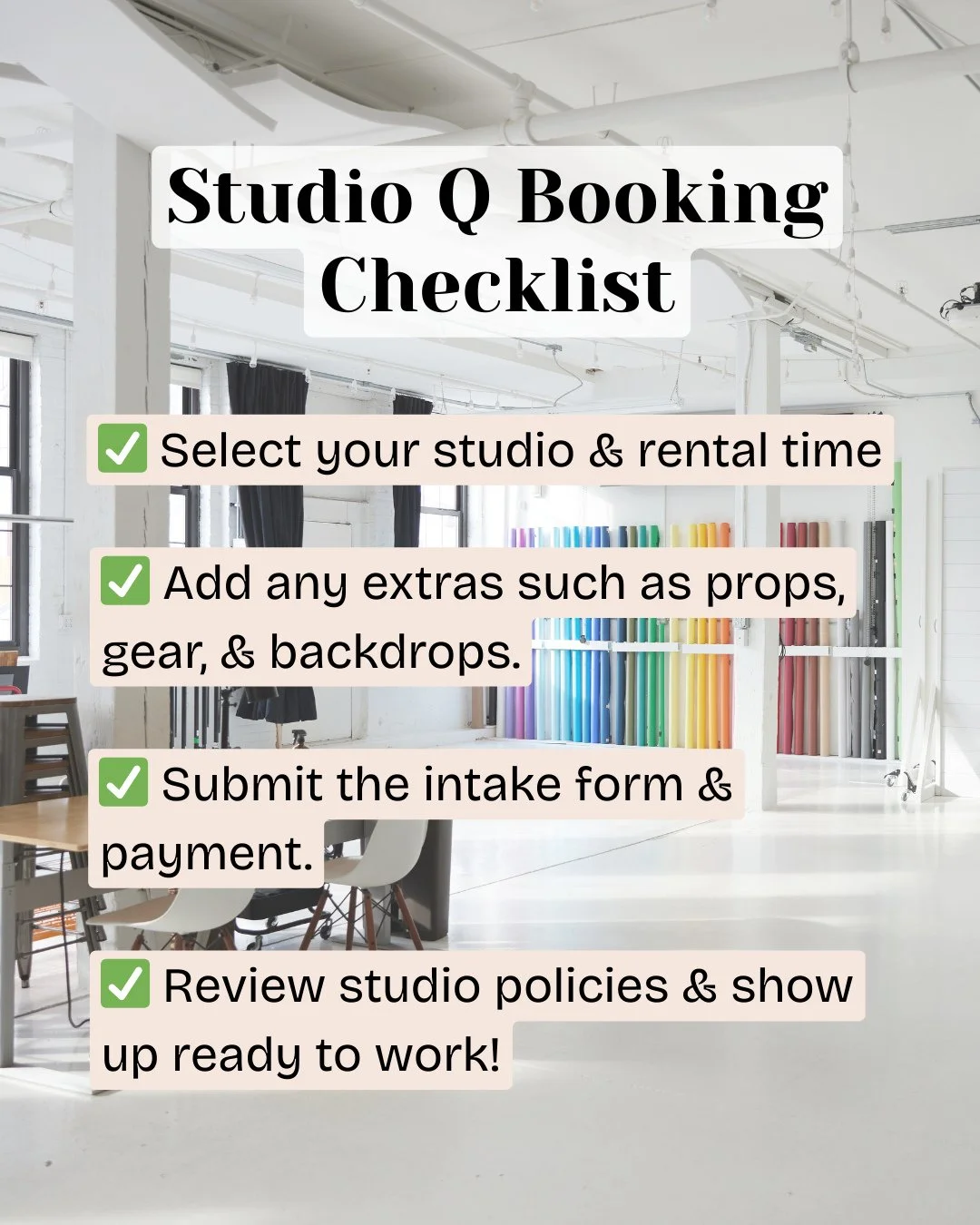 Ready to book your project at Studio Q? Here&rsquo;s a simple and easy checklist to ensure your day runs as smoothly as possible! Have questions? DM us or tap the link in the bio to send us a message!⁠
⁠
#MinneapolisStudio #PhotographyStudio #Creativ