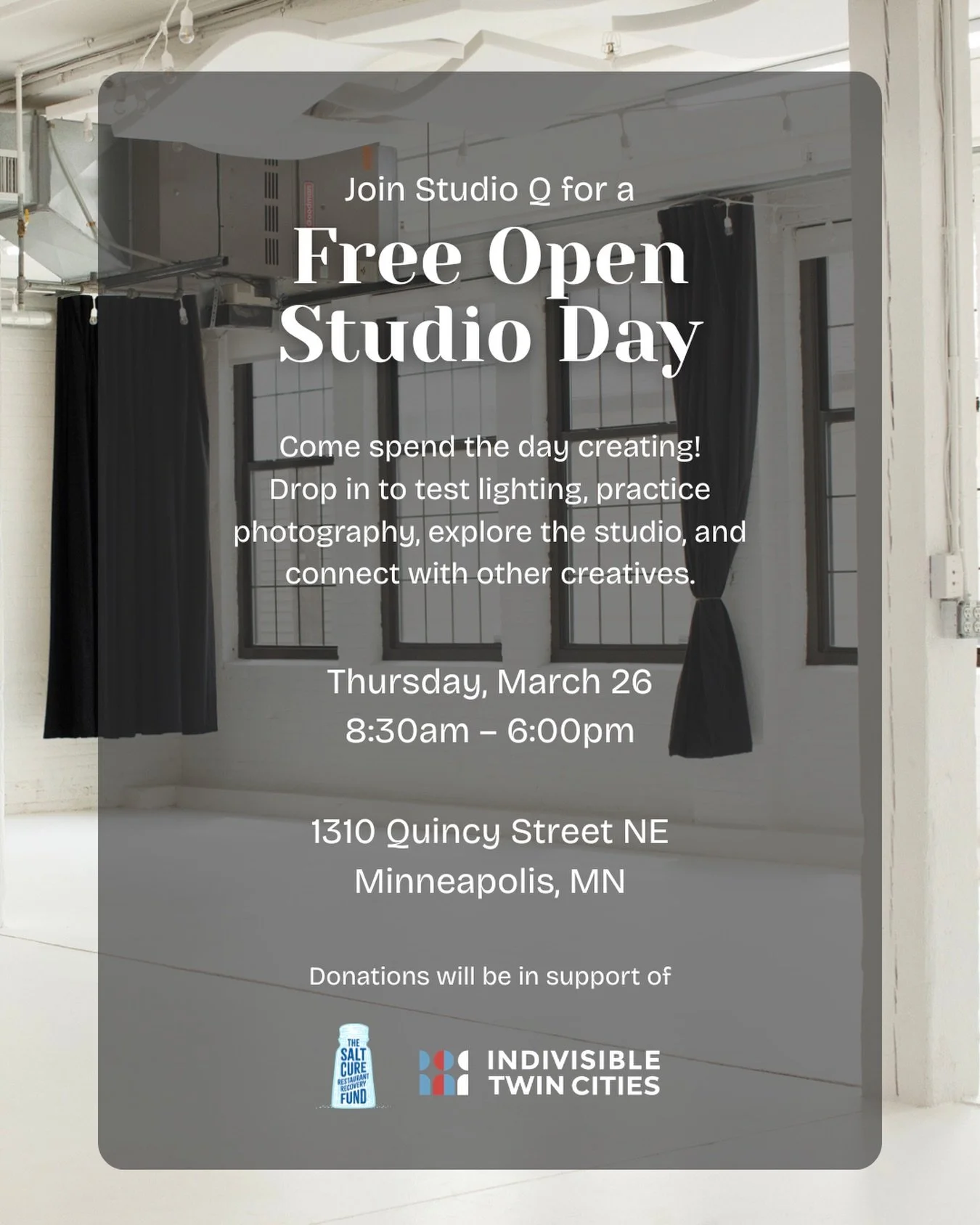Join us for another Open Studio Day at Studio Q!

We&rsquo;re opening the space for a full day of creating, experimenting, and connecting with other creatives in the Twin Cities. Stop by anytime to practice photography, test lighting setups, explore 
