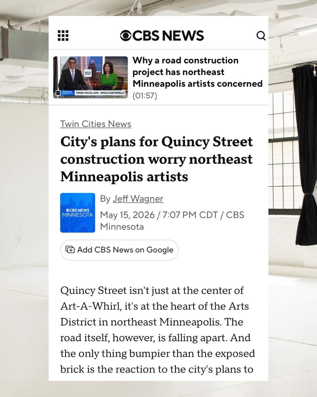 In case you missed it, CBS News recently visited Studio Q to talk about the future of Quincy Street and the importance of preserving the creative community that makes Northeast Minneapolis so special.⁠
⁠
For decades, artists, makers, photographers, a
