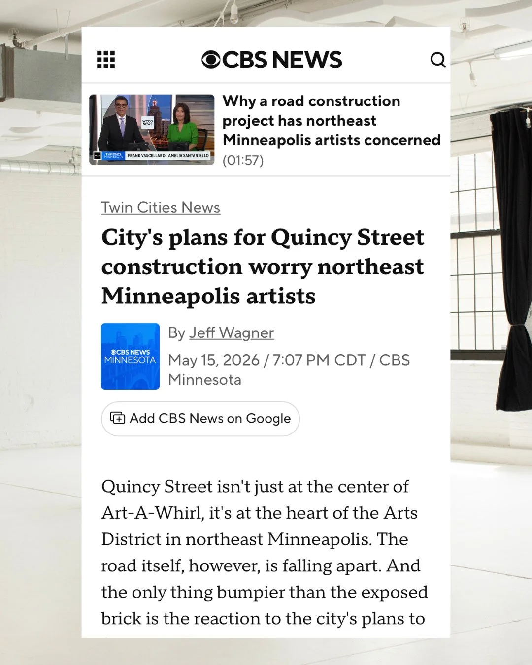 In case you missed it, CBS News recently visited Studio Q to talk about the future of Quincy Street and the importance of preserving the creative community that makes Northeast Minneapolis so special.⁠
⁠
For decades, artists, makers, photographers, a