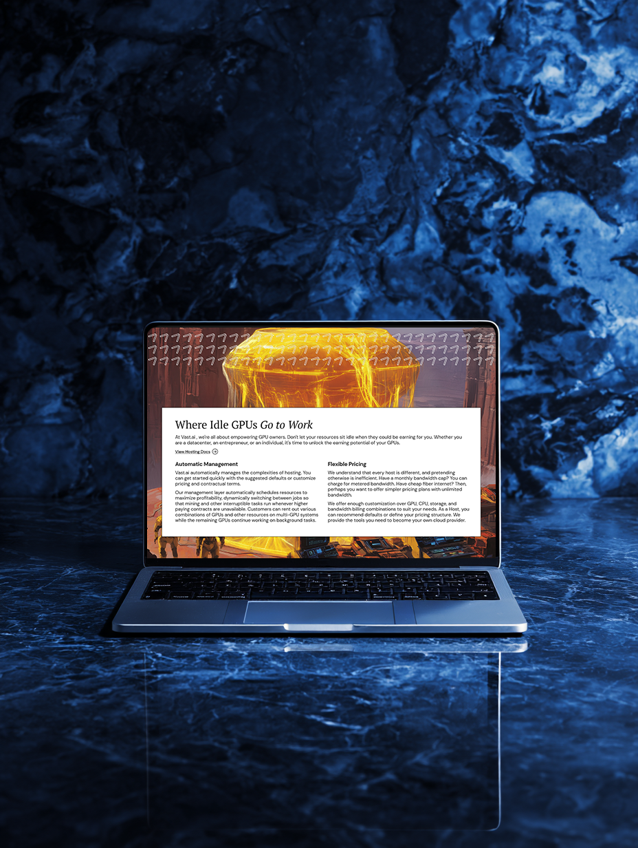 Laptop on a reflective, dark marbled surface with a webpage titled 'Where Idle GPUs Go to Work' on the screen, set against a rocky blue background.