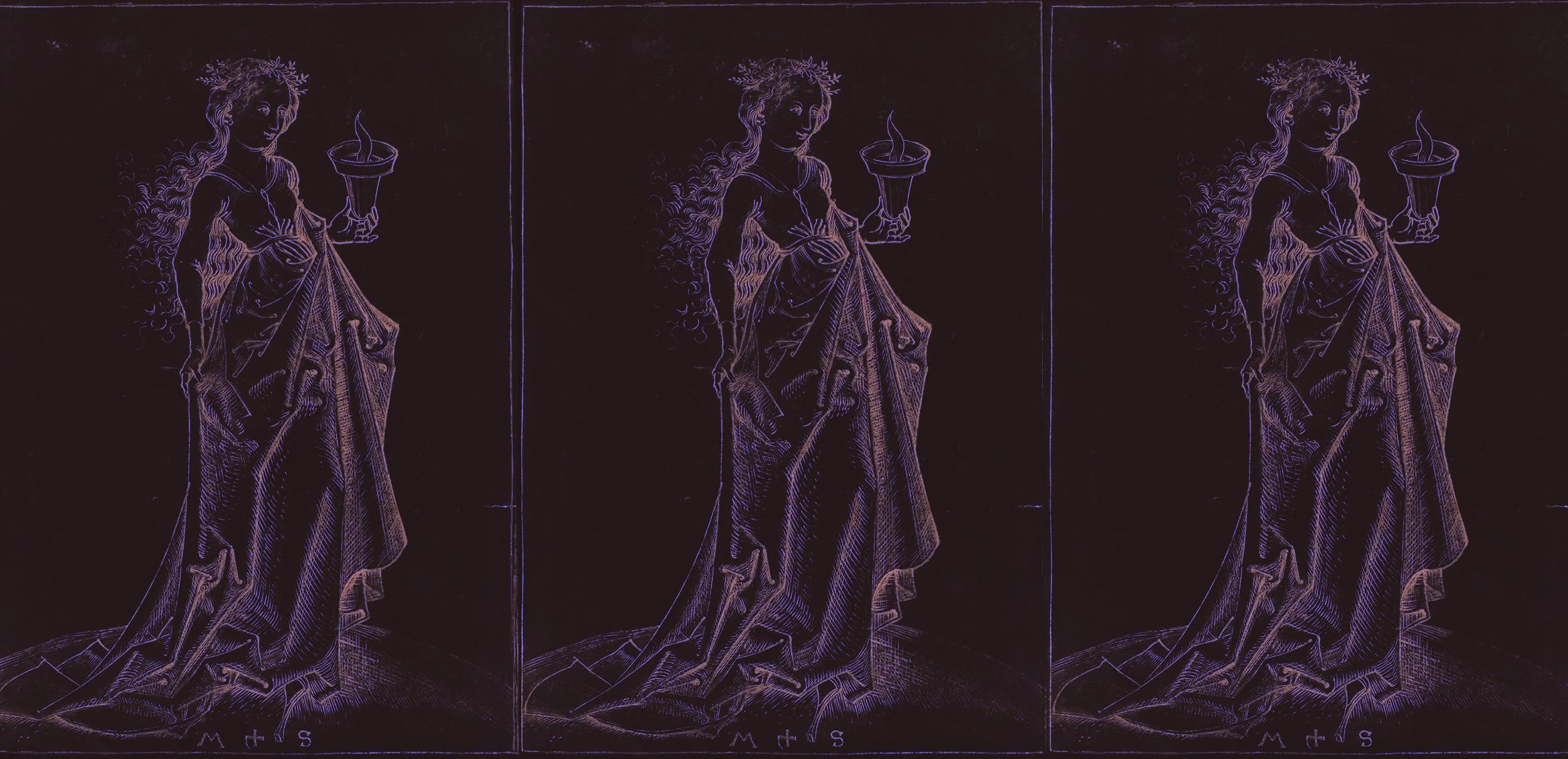 Triptych of neon-style line drawings of a woman in a long flowing dress holding a lit candle in each hand, with a floral crown on her head, depicted in a vintage style.