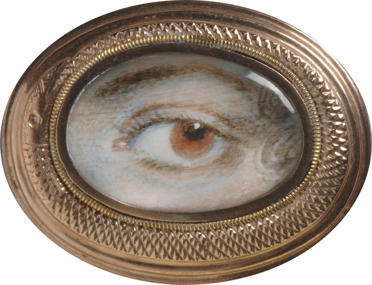 Oval ornate frame surrounding a painting of a realistic human eye.
