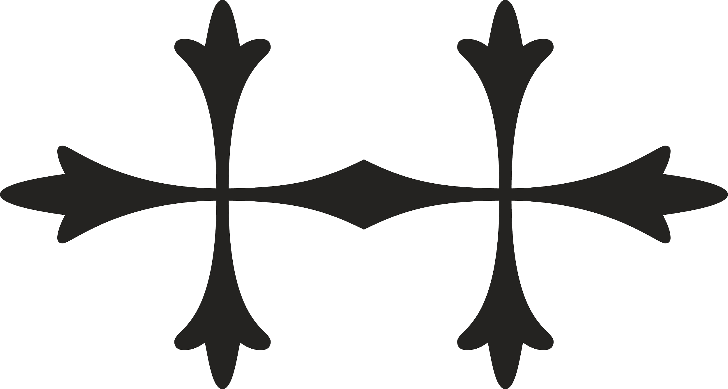 A symmetrical black and gray floral decorative design with four elongated petals or leaves arranged in a cross pattern.