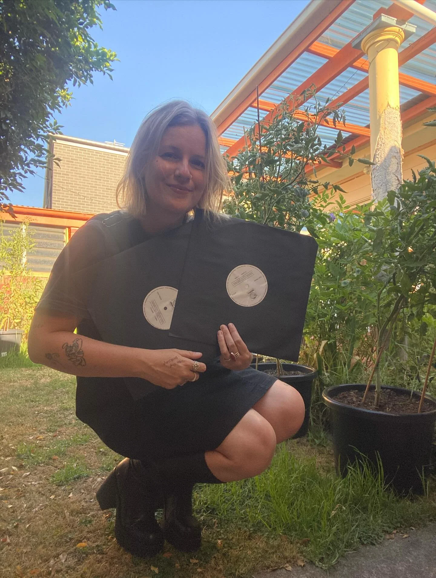 i did a full on self timer photoshoot in my housemates&rsquo; veggie patch at home to let you know that it&rsquo;s @bandcamp friday and that you can pre-order my record on vinyl or get a limited time only $2 digital download ★ and i will give away 2 