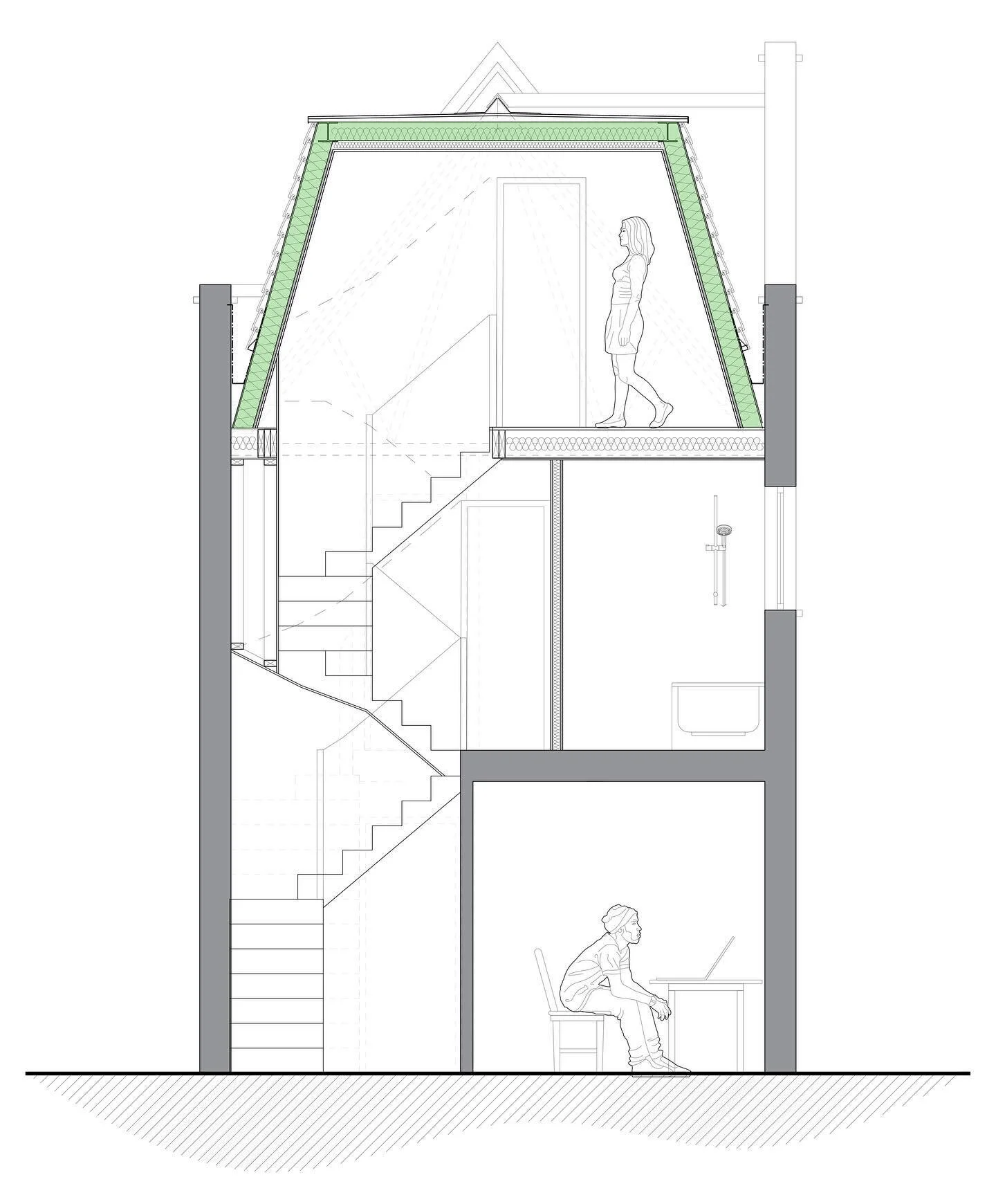 Existing and proposed sections through a mansard loft conversion project in London. With a particularly tricky staircase, these sections were essential in making sure the staircase fitted and the structure aligns correctly.

#architecture #architectu