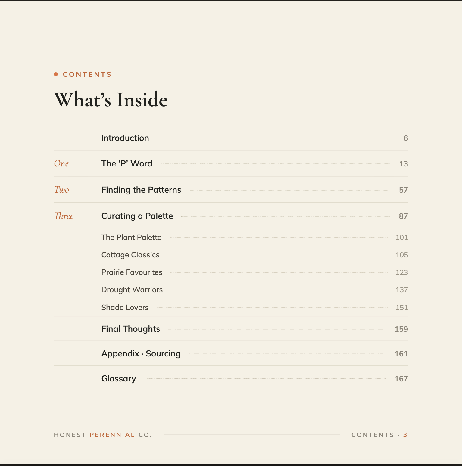 Table of contents page from a book titled 'What's Inside' with sections on plant palettes, patterns, and gardening topics covered in the book, published by Honest Perennial Co.