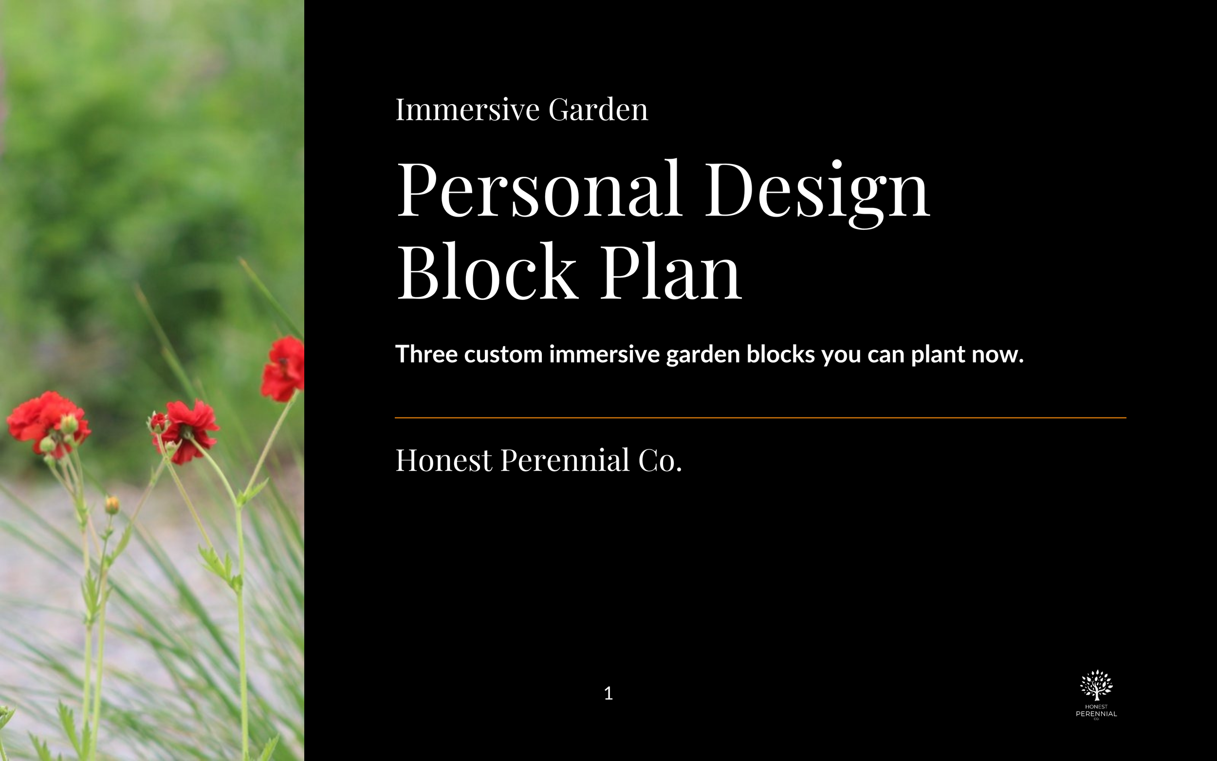 Cover page of a garden design plan titled 'Immersive Garden Personal Design Block Plan' by Honest Perennial Co.