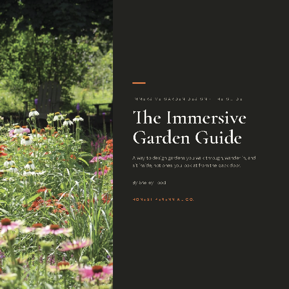 Cover of 'The Immersive Garden Guide' with a lush garden of colorful flowers on the left and a dark plain background with text on the right.