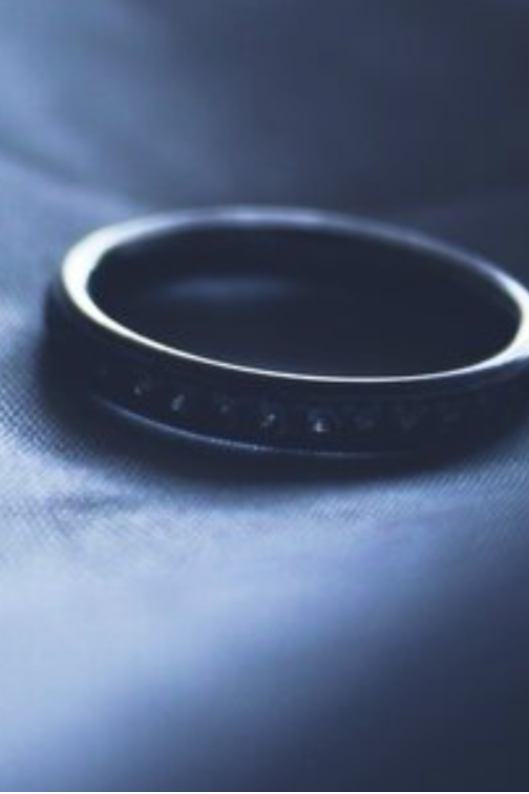 Close up of wedding ring resting in the palm of a hand