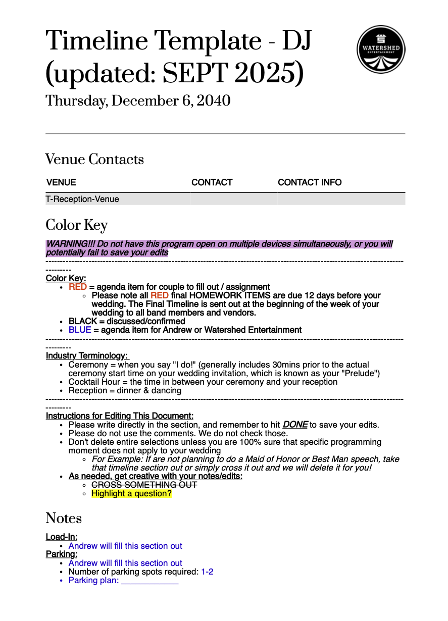 A schedule template for a DJ event at Watershed Entertainment, updated for September 2025, with sections for venue contacts, color key, industry terminology, editing instructions, notes, and parking details.
