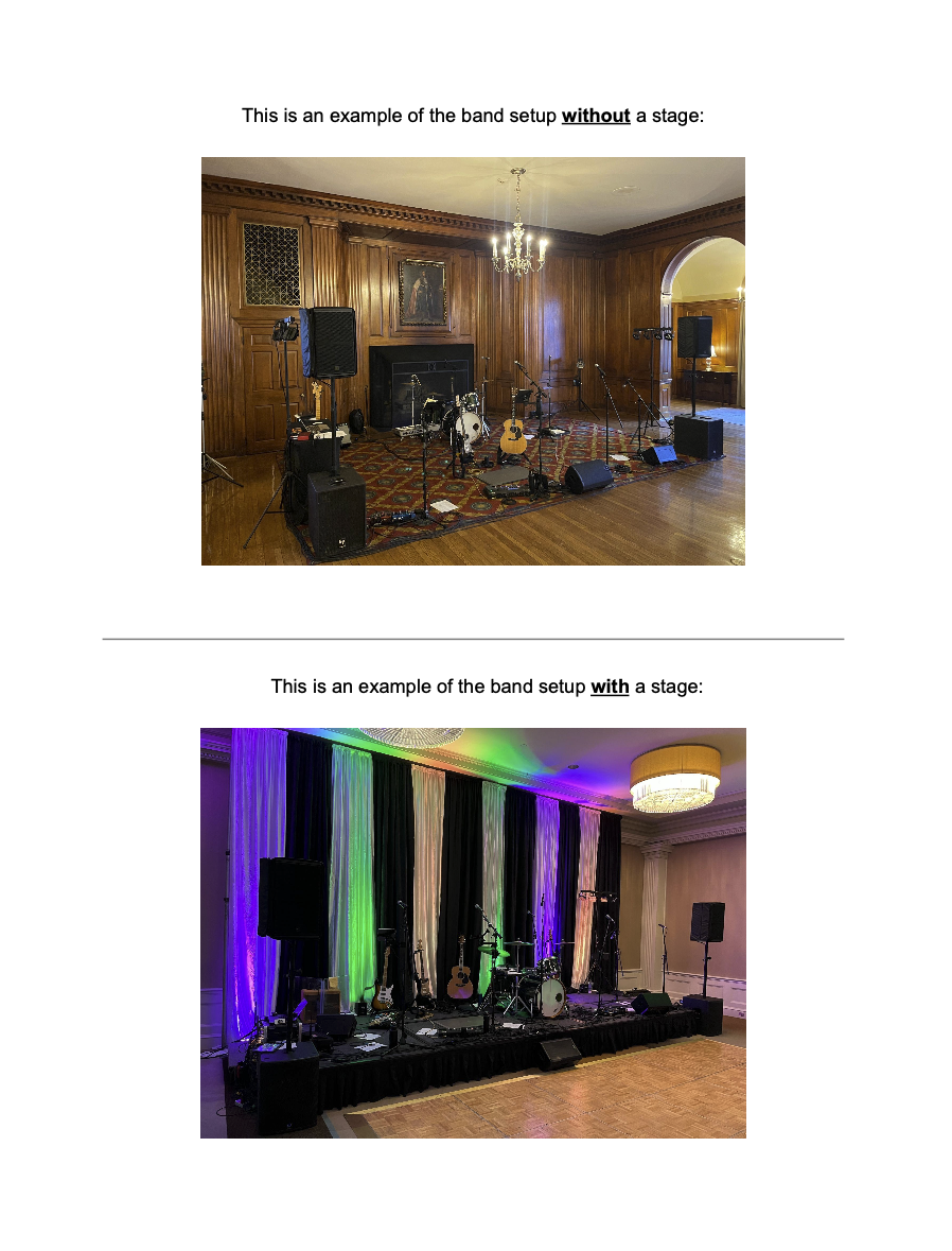 Images of two different band setup stages. The first stage has a wooden-paneled background, a fireplace, and a chandelier, with drums, guitars, microphones, and speakers. The second stage has colorful lighting, a curtain background, and similar musical equipment, including guitars, drums, microphones, and speakers.