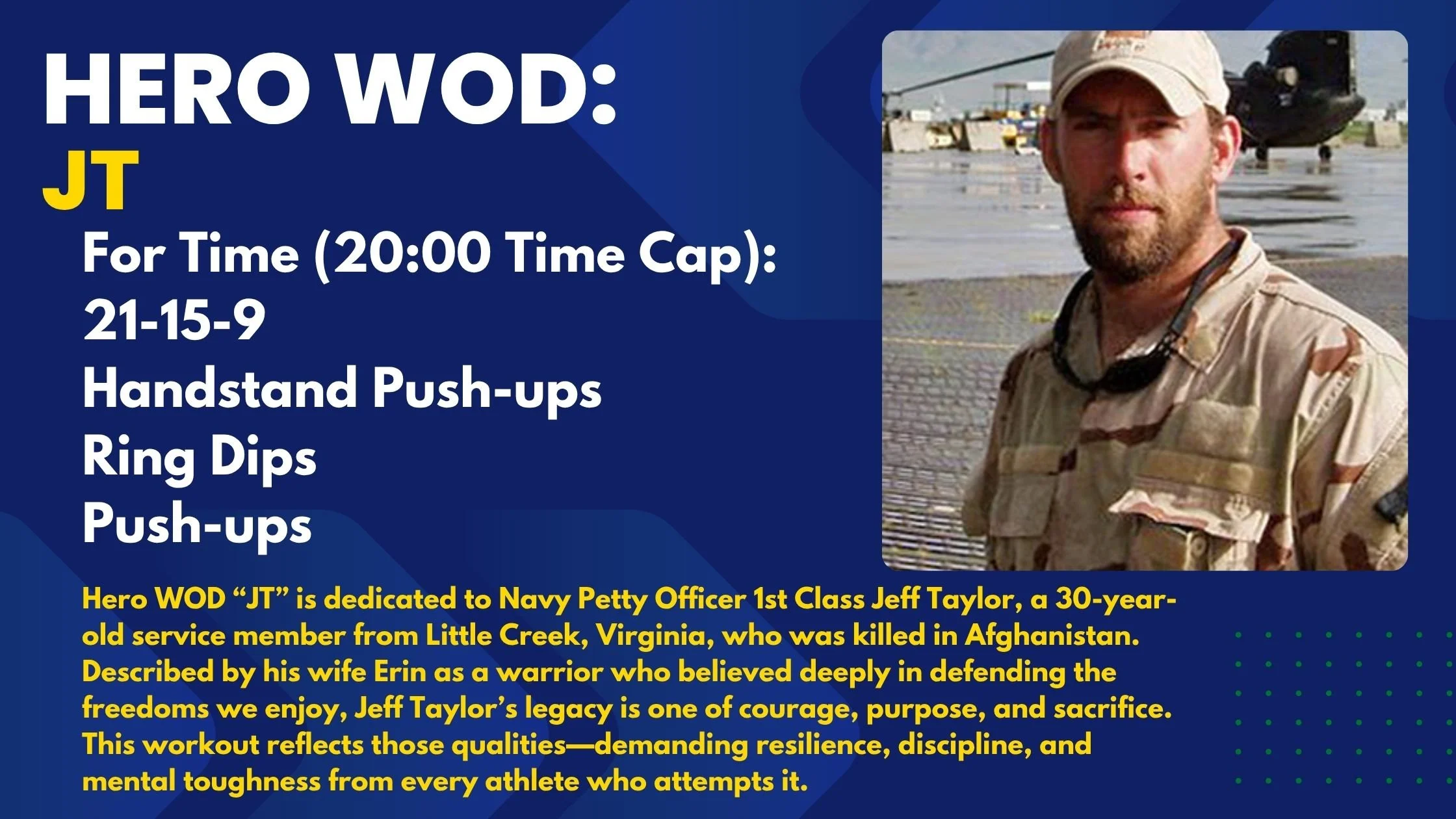 Hero WOD JT honors Navy PO1 Jeff Taylor. Get scaling options, strategy, and tips—read more and take on the challenge.
