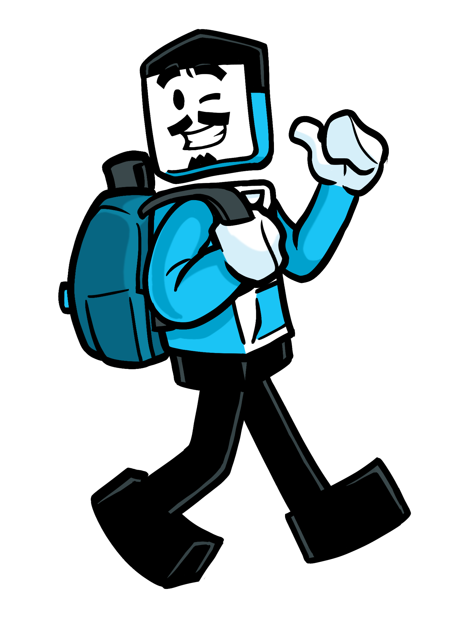 Cartoon character of a person with a computer monitor for a face, smiling and winking, wearing a blue jacket, backpack, and white gloves, pointing with one finger.