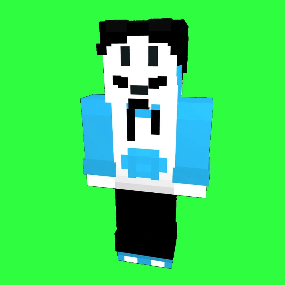 A pixelated character with a panda face, wearing a blue jacket with white sleeves, black pants, and blue shoes, standing against a bright green background.