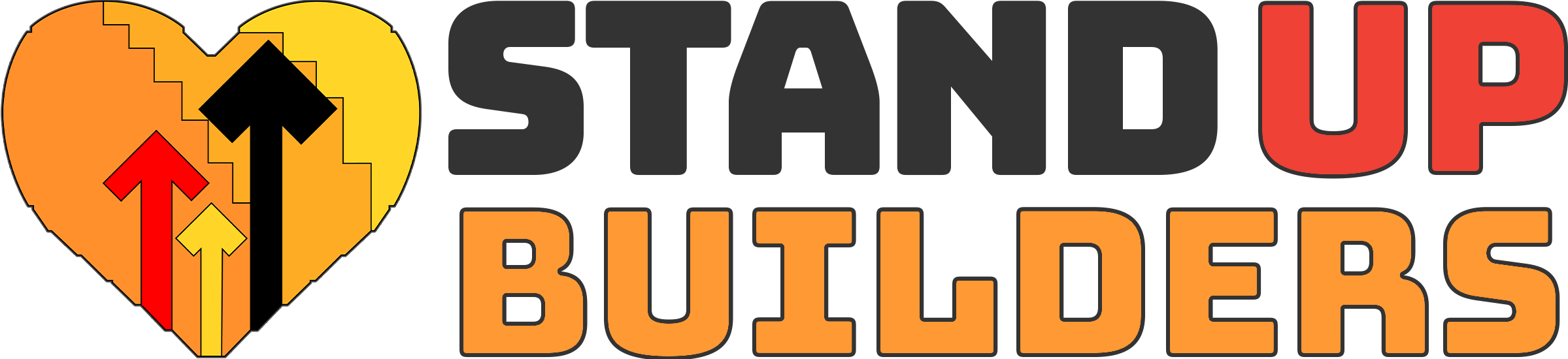 A logo with a heart made of orange and yellow cassettes, featuring three arrows pointing up in red, yellow, and black. The text to the right reads "STAND UP" in black and red and "BUILDERS" in orange.