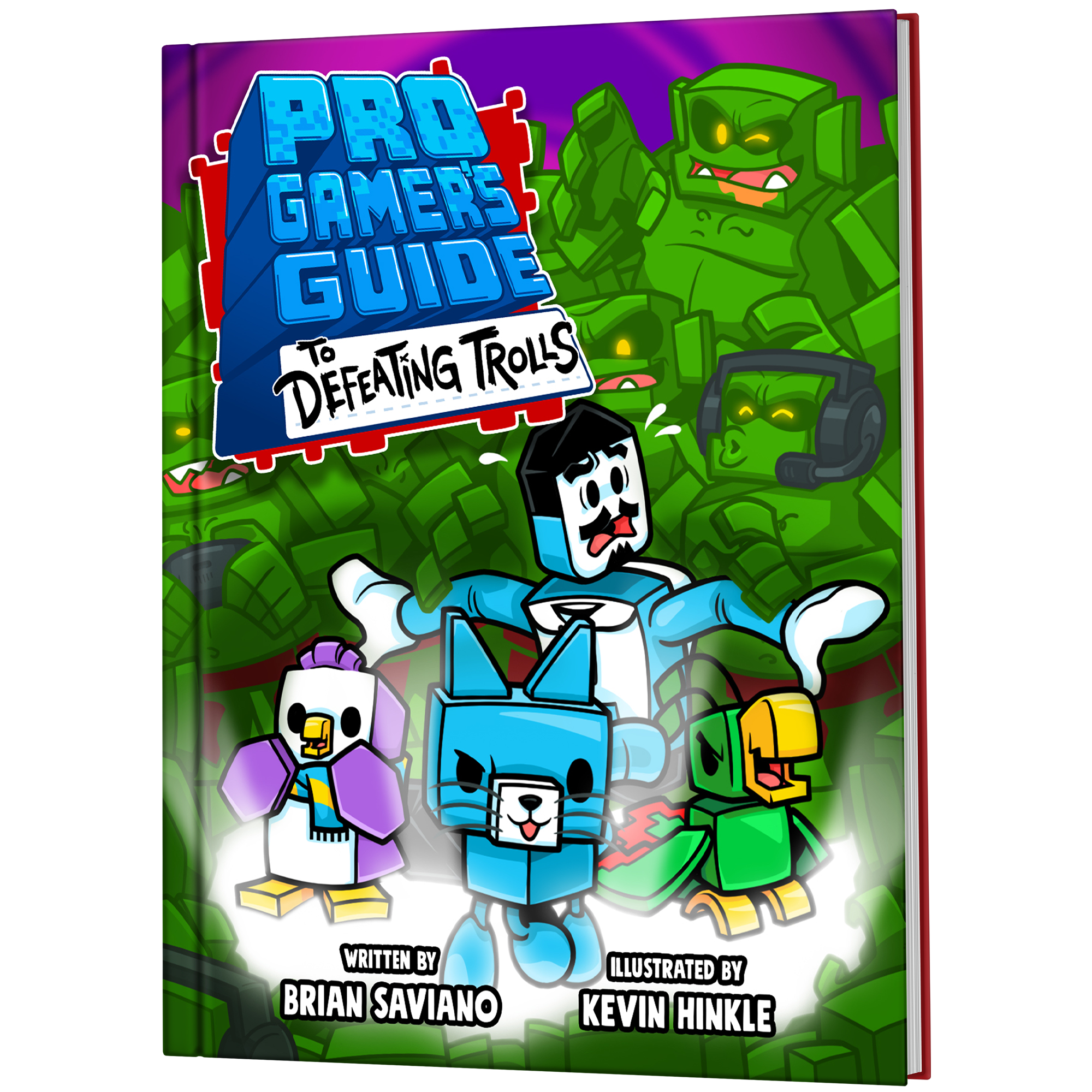 Cover of a book titled "Pro Gamers Guide to Defeating Trolls" with cartoon characters, including a blue robot, a green robot, and various other stylized characters, set against a colorful background.