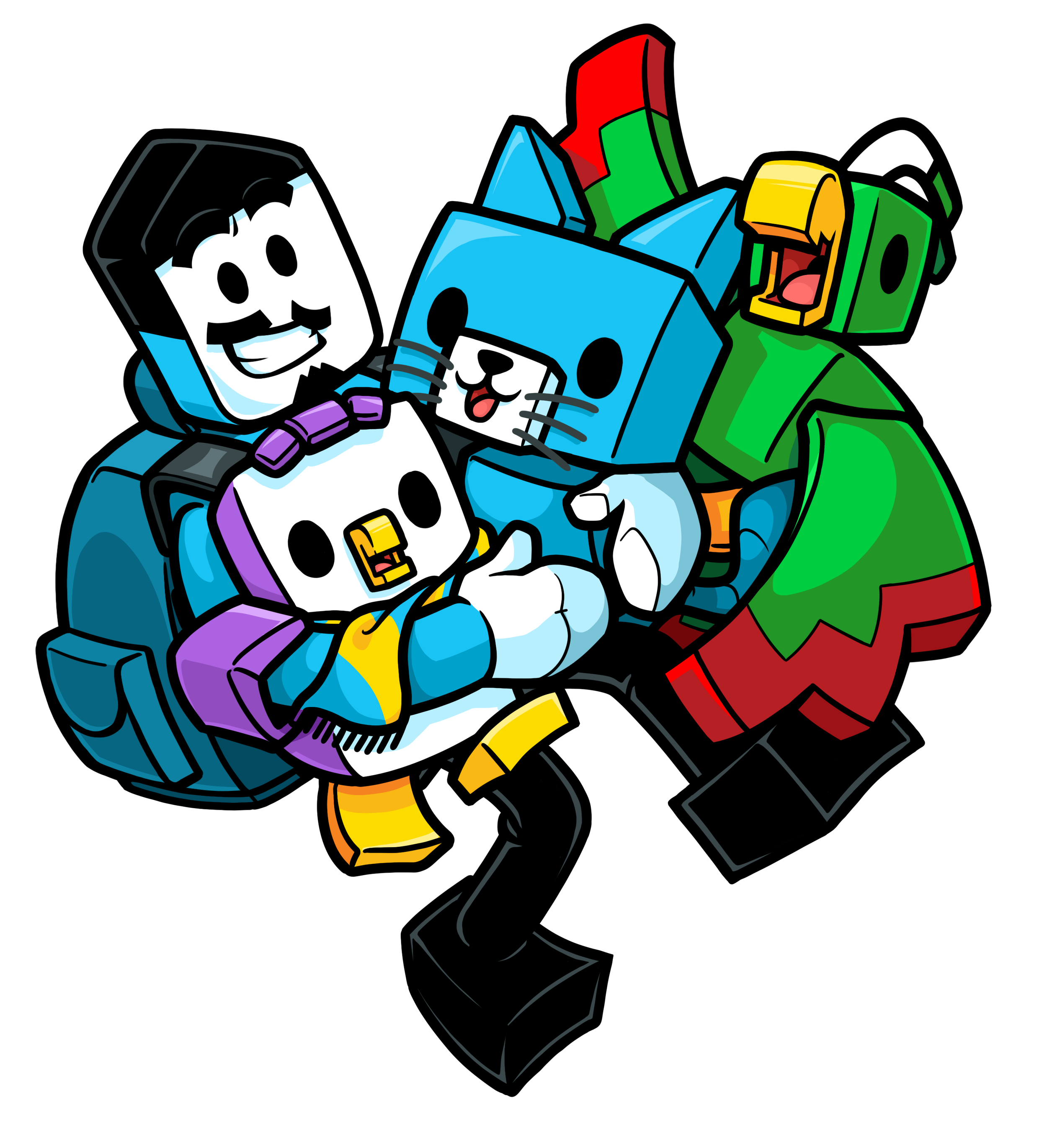 Cartoon illustration of a person dressed as a snowman with a black top hat, and a cat with a blue square head. The creature is standing in front of a green dragon with yellow and orange accents, all interacting in a playful scene.