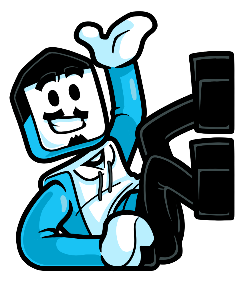 Cartoon character with a smiling face, mustache, wearing a blue hoodie, pointing upward, with a black background.