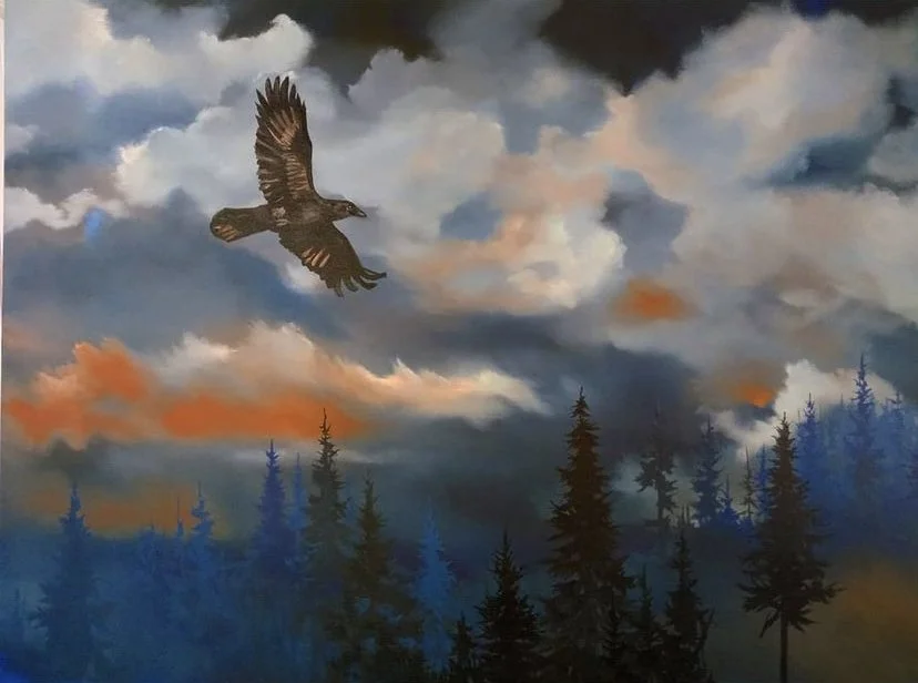 painting of a bird flying over a forest with dramatic sky