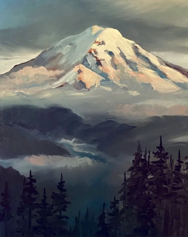 Painting of a snowy mountain peak with dark foothills and silhouetted pine trees in the foreground.