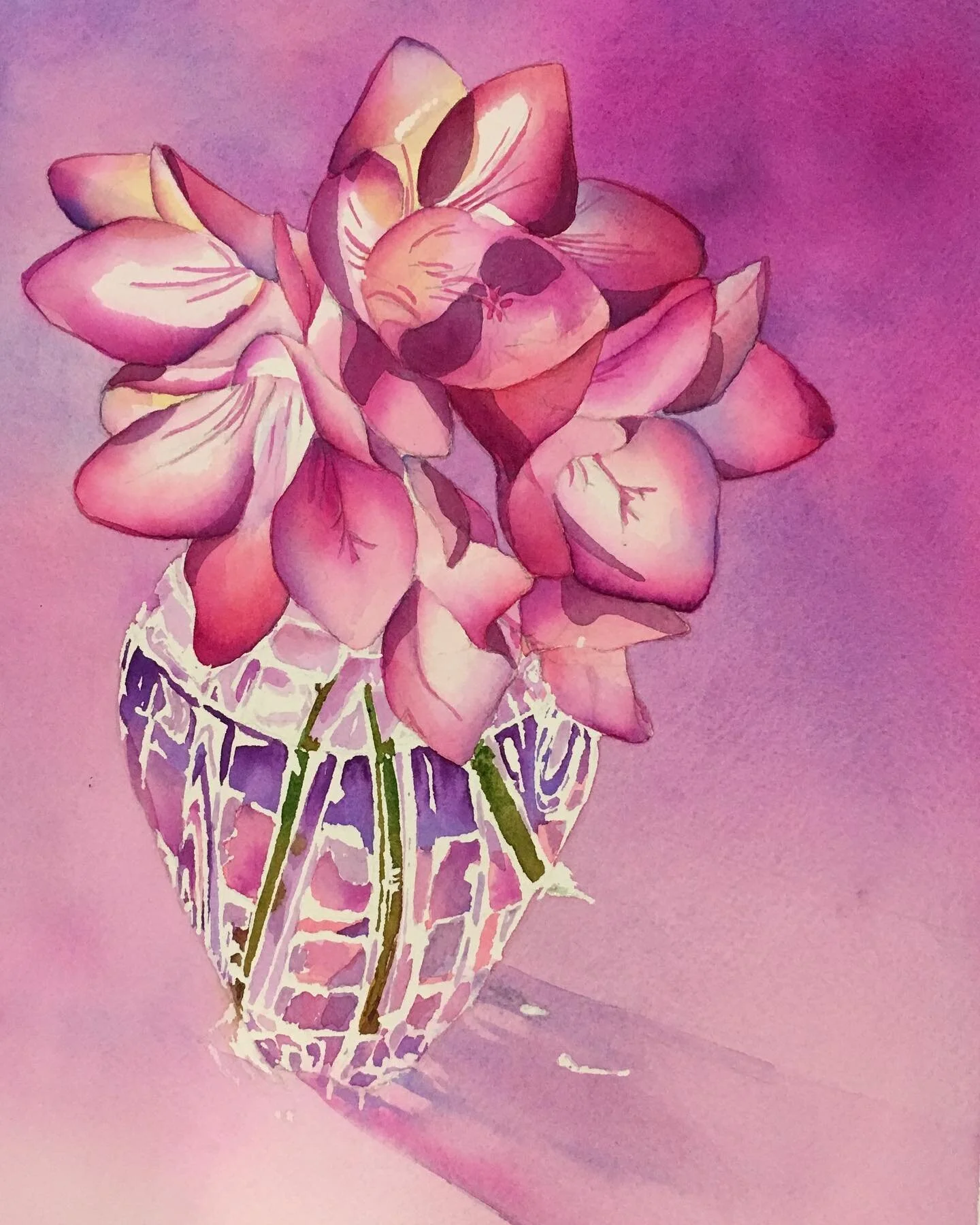 In Victorian times, when flowers often carried secret messages that dare not be spoken, the freesia symbolized &ldquo;trust&rdquo;. #flowerart #watercolorflowers #watercolorflorals #floralwatercolor #watercolor #artforsalebyartist #watercolorist #wat
