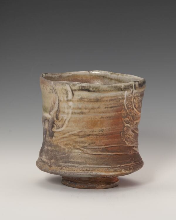 Yunomi decorated with shino slip/glazed interior (front),
4.5" x 4" -
Anagama fired -
$70
