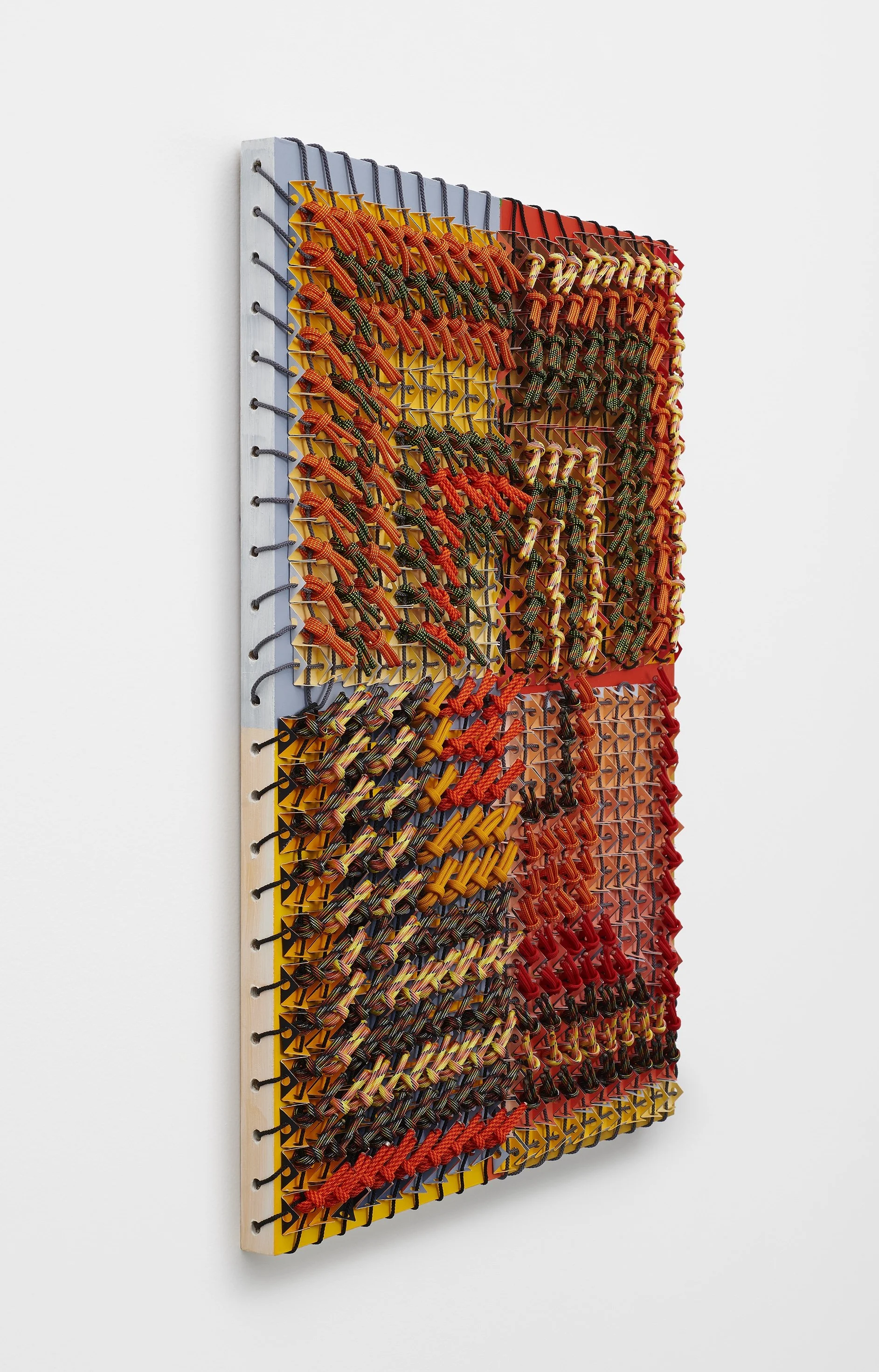  Mud and Sun, profile , 2025 
Acrylic, paper, utility rope, paracord on panel 
25" x 19" x 1.5"