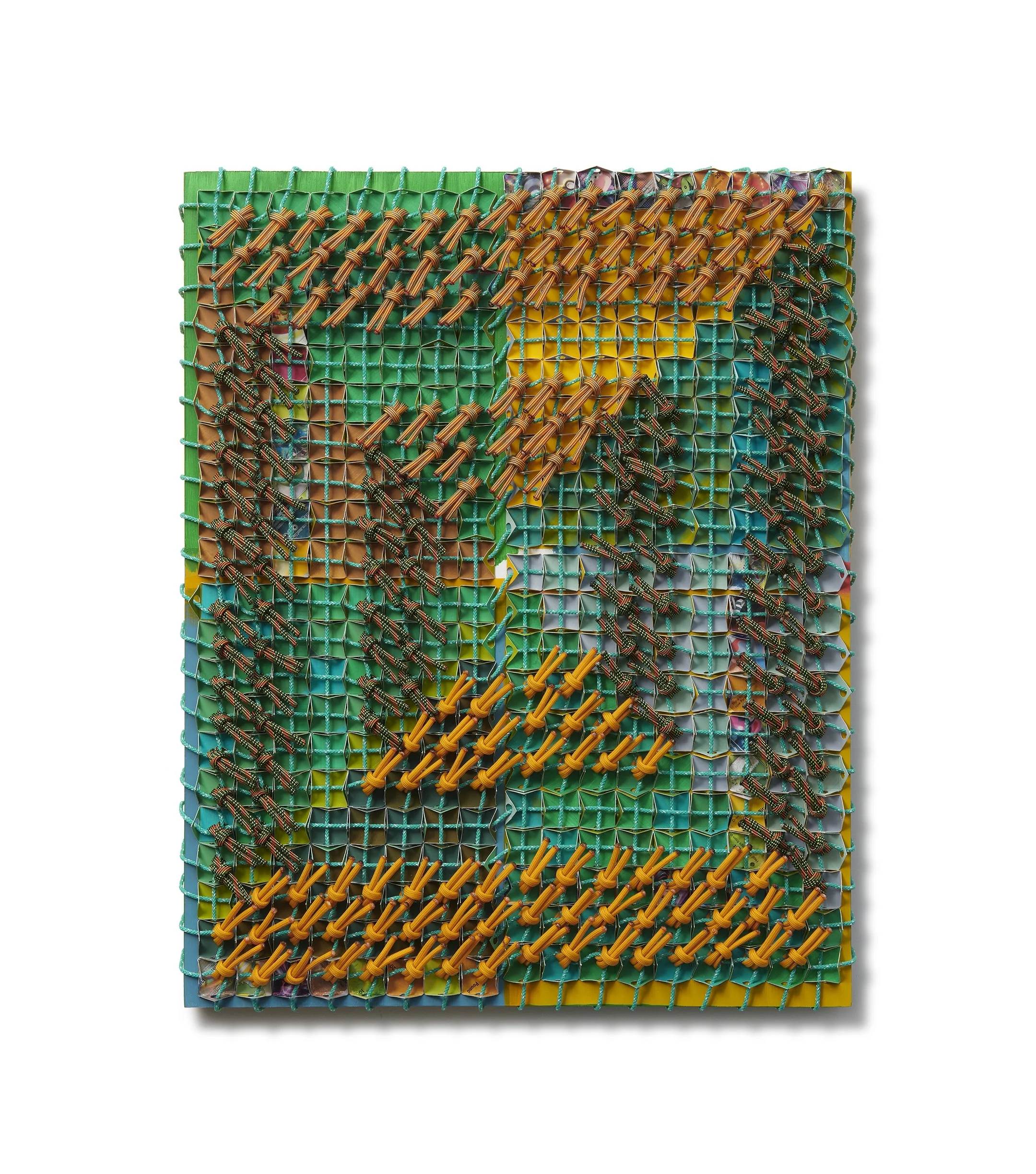  Carmen's Garden , 2026 
Acrylic, paper, Pokémon cards, utility rope, paracord on panel 
20 x 16 x 2.5 in